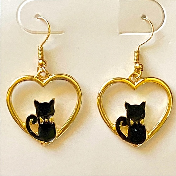 Gold Black Cat Silhouette Heart Frame Drop Dangle Earrings New! - Picture 1 of 6